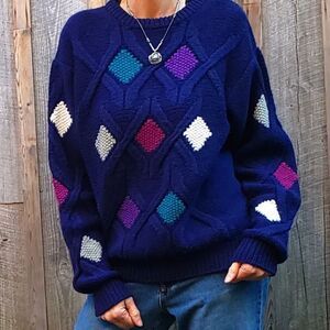 Vintage 80s Sweater Alexander Julian Wool & Cotton Blue Geometric Size Large
